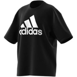 Damska koszulka z dużym logo adidas Essentials Boyfriend. Białe bluzki Adidas, bez wzorów, sportowe, bez kołnierzyka, bez ramiączek. W wyprzedaży za 101.85 zł.