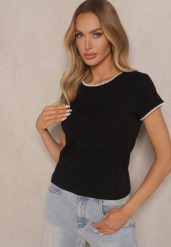 Czarny T-shirt z Bawełny z Ozdobną Lamówką Elanicea. Czarne t-shirty Renee, s, bez wzorów, z bawełny, bez kołnierzyka, bez ramiączek. Za 39.99 zł.