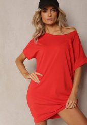 Czerwona T-shirtowa Sukienka Pudełkowa z Elastycznej Bawełny Ellensa. Czerwone sukienki Renee, m, bez wzorów, z bawełny, wakacyjne, bez kołnierzyka, bez ramiączek, mini. Za 49.99 zł.