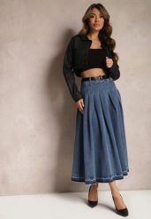 Granatowa Rozkloszowana Spódnica Jeansowa z Paskiem z Klamrą Varnie. Niebieskie spódnice Renee, na uczelnię, m, bez wzorów, z jeansu, maxi, rozkloszowane. Za 129.99 zł.