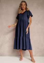 Granatowa Rozkloszowana Sukienka z Wiskozą w Casualowym Stylu Filarenna. Niebieskie sukienki Renee, na co dzień, l, bez wzorów, z wiskozy, eleganckie, bez kołnierzyka, bez ramiączek, midi, rozkloszowane. Za 54.99 zł.