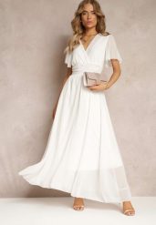 Biała Rozkloszowana Sukienka z Kopertowym Dekoltem Obillis. Białe sukienki Renee, na imprezę, uniwersalny, bez wzorów, eleganckie, bez kołnierzyka, bez ramiączek, maxi, kopertowe. Za 99.99 zł.