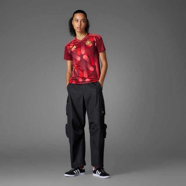 Koszulka piłkarska damska ADIDAS Niemcy 2025 wyjazdowa. Czerwone bluzki Adidas, xl, bez wzorów, z materiału, sportowe, bez kołnierzyka, bez ramiączek. Za 279.99 zł.