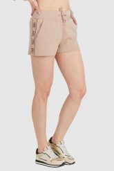 GUESS Beżowe szorty damskie z lampasami w logo, Rozmiar M. Brązowe szorty Guess, z aplikacjami. W wyprzedaży za 209.99 zł.