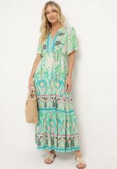 Zielona Wiskozowa Sukienka Boho Zapinana na Guziki z Materiałowym Paskiem w Talii Dimovana. Zielone sukienki Born2be, na co dzień, l, z aplikacjami, z materiału, boho, bez kołnierzyka, bez ramiączek, maxi, proste. Za 109.99 zł.