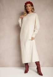Jasnobeżowa Pudełkowa Sukienka z Dzianiny z Wiskozą Maziala. Brązowe sukienki Renee, na co dzień, bez wzorów, z dzianiny, eleganckie, bez kołnierzyka, bez ramiączek, midi. Za 119.99 zł.