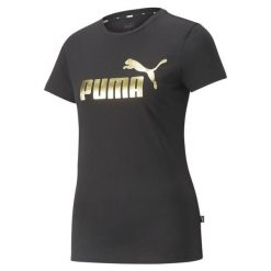Damska koszulka z metalicznym logo Essentials+ PUMA Black Gold Foil. Czarne bluzki Puma, s, bez wzorów, eleganckie, bez kołnierzyka, bez ramiączek. Za 80.99 zł.