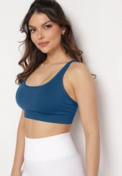 Jasnoniebieski Biustonosz Sportowy Usztywniony ze Skrzyżowanymi Ramiączkami Edorlia. Niebieskie koszulki sportowe Born2be, bez wzorów, bez ramiączek. Za 39.99 zł.
