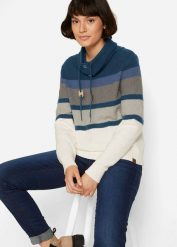 Sweter z wysokim kołnierzem. Niebieskie swetry bonprix, bez wzorów, z bawełny, bez ramiączek. Za 124.99 zł.