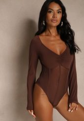 Brązowe Body Vices o Fasonie Longsleeve z Dekoltem w Kształcie V Asstre. Brązowe body Renee, l, bez wzorów, z jeansu. Za 69.99 zł.