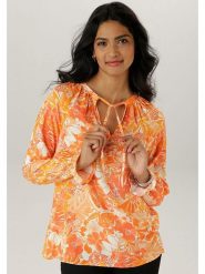 Aniston Bluzka w kolorze pomarańczowo-białym rozmiar: 38. Pomarańczowe bluzki Aniston, bez wzorów, z wiskozy, bez kołnierzyka, bez ramiączek. Za 95.99 zł.