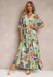 Zielona Rozkloszowana Sukienka Maxi z Falbanką w Patchworkowy Wzór Fiorella. Zielone sukienki Renee, l, z aplikacjami, z bawełny, bez kołnierzyka, bez ramiączek, maxi, rozkloszowane. Za 89.99 zł.