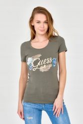 GUESS Damski zielony t-shirt ze zdobionym logo, Rozmiar XS. Zielone t-shirty Guess, s, z aplikacjami, bez kołnierzyka, bez ramiączek. W wyprzedaży za 179.99 zł.