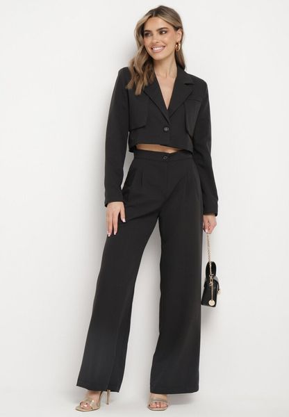 Czarno-Biały Komplet Garniturowy z Krótką Marynarką i Szerokimi Spodniami Laoisetta. Czarne marynarki i żakiety Born2be, l, bez wzorów, z materiału, eleganckie. Za 199.99 zł.