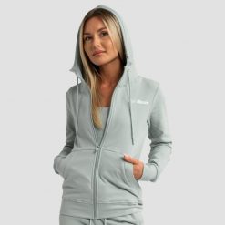 Bluza damska fitness z kapturem i zamkiem eukaliptowa Limitless. Zielone bluzy GYMBEAM, xl, bez wzorów, z bawełny, z kapturem. Za 127.90 zł.