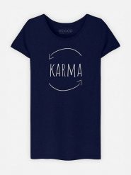 WOOOP Koszulka "Karma" w kolorze granatowym rozmiar: L. Niebieskie bluzki Wooop, l, bez wzorów, z bawełny, bez kołnierzyka, bez ramiączek. Za 56.99 zł.