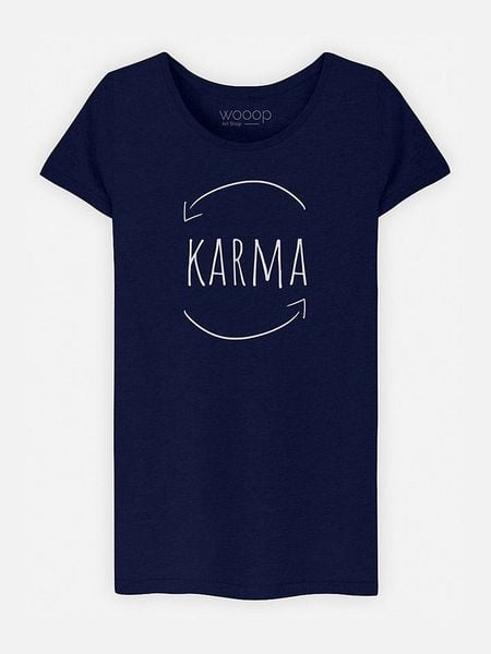 WOOOP Koszulka "Karma" w kolorze granatowym rozmiar: M. Niebieskie bluzki Wooop, m, bez wzorów, z bawełny, bez kołnierzyka, bez ramiączek. Za 77.95 zł.