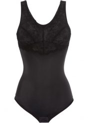 Body shape, średni stopień modelowania sylwetki. Czarne body bonprix, bez wzorów, z koronki. Za 124.99 zł.