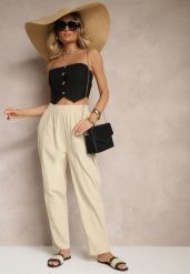 Beżowe Spodnie z Bawełny High Waist Sonirea. Brązowe spodnie materiałowe Renee, na co dzień, l, bez wzorów, z bawełny, z podwyższonym stanem. Za 39.99 zł.