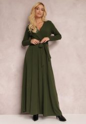 Ciemnozielona Sukienka Achina. Zielone sukienki Renee, s, bez wzorów, z dzianiny, bez kołnierzyka, bez ramiączek, maxi, kopertowe. Za 179.99 zł.