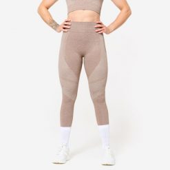 Legginsy fitness damskie Domyos. Brązowe legginsy DOMYOS, l, bez wzorów, z elastanu, z podwyższonym stanem. W wyprzedaży za 79.99 zł.