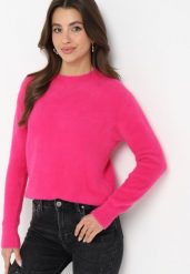 Fuksjowy Puchaty Sweter Wełniany Helmintts. Czerwone swetry Born2be, l, bez wzorów, z tkaniny, bez ramiączek. Za 59.99 zł.