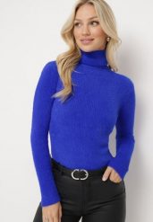Granatowy Golf Wełniany Prążkowany Ona. Niebieskie golfy Born2be, xs, bez wzorów, z dzianiny, bez ramiączek. Za 49.99 zł.