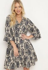 Granatowo-Beżowa Bawełniana Rozkloszowana Sukienka z Falbankami Miloa. Niebieskie sukienki Born2be, na co dzień, na lato, l, bez wzorów, z bawełny, klasyczne, bez kołnierzyka, bez ramiączek, mini, proste. Za 69.99 zł.