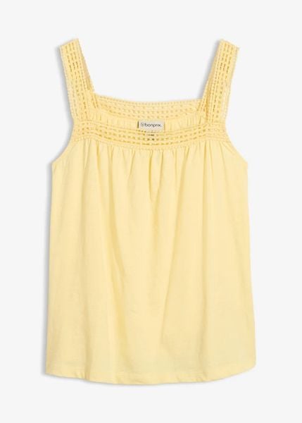 Luźniejszy top z czystej bawełny. Niebieskie topy bonprix, bez wzorów, z bawełny, bez kołnierzyka, bez ramiączek. Za 52.99 zł.