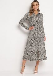 Biało-Czarna Taliowana Sukienka Maxi z Materiałowym Paskiem w Geometryczny Print Filint. Czarne sukienki Born2be, l, bez wzorów, z materiału, bez kołnierzyka, bez ramiączek, maxi. Za 179.99 zł.