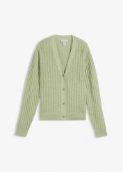 Sweter rozpinany w ażurowy wzór z dodatkiem lnu. Zielone kardigany bonprix, w ażurowe wzory. Za 47.99 zł.