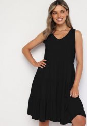 Czarna Rozkloszowana Sukienka z Bawełny na Ramiączkach Zasea. Czarne sukienki Born2be, na co dzień, l, bez wzorów, z bawełny, eleganckie, bez kołnierzyka, bez ramiączek, midi, rozkloszowane. Za 39.99 zł.