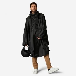 Ponczo na rower miejski Btwin 100 przeciwdeszczowe. Czarne kurtki sportowe B'TWIN, xl, bez wzorów, z materiału, bez kaptura, rowerowe. Za 129.99 zł.