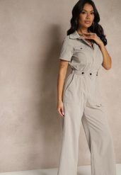 Szary Kombinezon Wide Leg z Kołnierzykiem Suwakiem i Krótkim Rękawem Jenaralitia. Szare sukienki Renee, na co dzień, m, bez wzorów, eleganckie, bez kołnierzyka, bez ramiączek, mini, kopertowe. Za 129.99 zł.