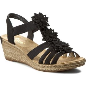 Sandały RIEKER - 62461-00 Black. Czarne sandały Rieker, bez wzorów, z materiału, bez obcasa, na obcasie, bez zapięcia. W wyprzedaży za 179.00 zł.