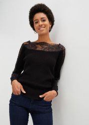 Sweter z koronką. Czarne swetry bonprix, bez wzorów, z koronki, bez ramiączek. Za 129.99 zł.