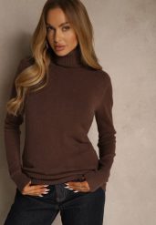 Brązowy Golf Sweter o Dopasowanym Kroju z Kaszmirem Zairith. Brązowe golfy Renee, z aplikacjami, z jeansu, bez ramiączek. Za 89.99 zł.