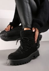 Czarne Futerkowe Śniegowce na Tłoczonej Podeszwie Ozdobionej Cyrkoniami Rialuna. Czarne trapery i śniegowce Renee, z jeansu. Za 99.99 zł.