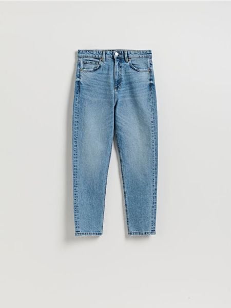 Jeansy mom fit slim - niebieski. Niebieskie jeansy Reserved, bez wzorów. Za 129.99 zł.