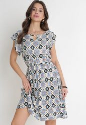 Niebiesko-Czarna Bawełniana Sukienka Mini z Gumką w Talii Caara. Niebieskie sukienki Born2be, l, bez wzorów, z bawełny, bez kołnierzyka, bez ramiączek, mini. Za 34.99 zł.