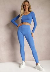 Niebieskie Prążkowane Legginsy z Wysokim Stanem Amokka. Niebieskie legginsy Renee, s, bez wzorów, z jeansu, z podwyższonym stanem. Za 44.99 zł.