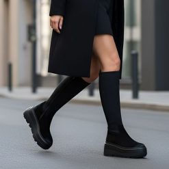 Kozaki damskie CheBello, eleganckie ze skóry i na grubej wysokiej platformie, czarne, 4741-034-415-MIC-S332. Czarne kozaki CheBello, ze skóry, przed kolano, bez obcasa, na platformie, bez zapięcia. Za 552.99 zł.