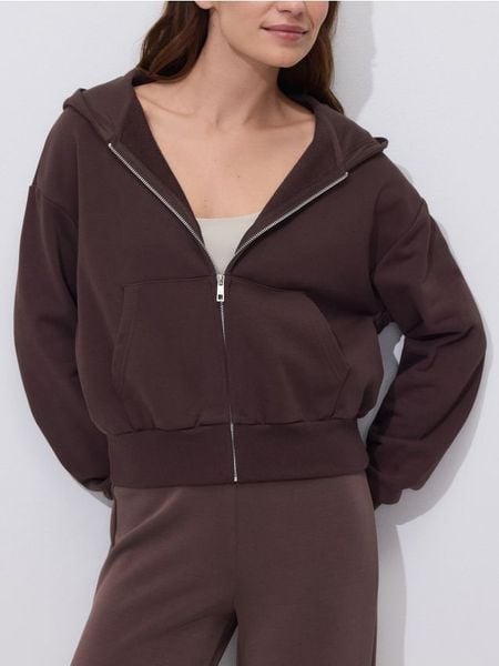 Rozpinana bluza - ciemnobrązowy. Brązowe bluzy Reserved, l, bez wzorów, z bawełny, bez kaptura. W wyprzedaży za 79.99 zł.