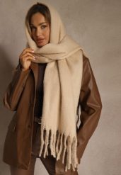 Beżowy Szalik Ozdobiony Frędzlami Owedela. Brązowe szaliki Renee, bez wzorów, z jeansu, street. Za 44.99 zł.