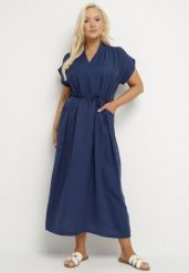 Granatowa Wiskozowa Sukienka Pudełkowa z Cienkim Paskiem i Kieszeniami Lumivorae. Niebieskie sukienki Born2be, na co dzień, plus size, bez wzorów, z wiskozy, eleganckie, bez kołnierzyka, plus size, bez ramiączek, maxi, proste. Za 74.99 zł.
