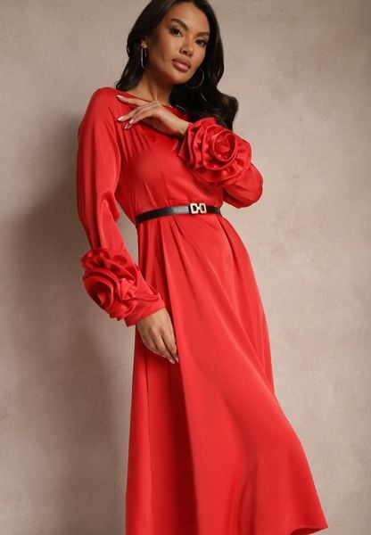 Czerwona Koktajlowa Sukienka z Kwiatowymi Aplikacjami 3D na Rękawach i Paskiem Temiraia. Czerwone sukienki Renee, na imprezę, l, z aplikacjami, bez kołnierzyka, bez ramiączek, midi. Za 149.99 zł.