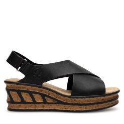 Sandały Rieker. Czarne sandały Rieker, bez wzorów, bez obcasa, na koturnie, bez zapięcia. Za 289.99 zł.