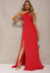 Czerwona Sukienka o Rozkloszowanym Kroju na Jedno Ramię z Głębokim Rozcięciem Efiela. Czerwone sukienki Renee, na imprezę, m, bez wzorów, eleganckie, bez kołnierzyka, bez ramiączek, maxi, asymetryczne. Za 139.99 zł.