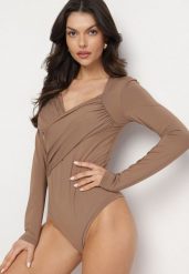 Ciemnobeżowe Body Eleganckie z Marszczeniem Ziellea. Brązowe body Born2be, l, bez wzorów, z jeansu. W wyprzedaży za 46.74 zł.