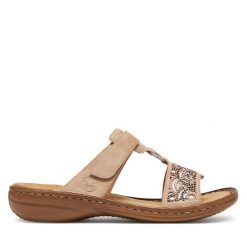 Klapki Rieker. Brązowe klapki Rieker, bez wzorów, bez obcasa. Za 299.99 zł.